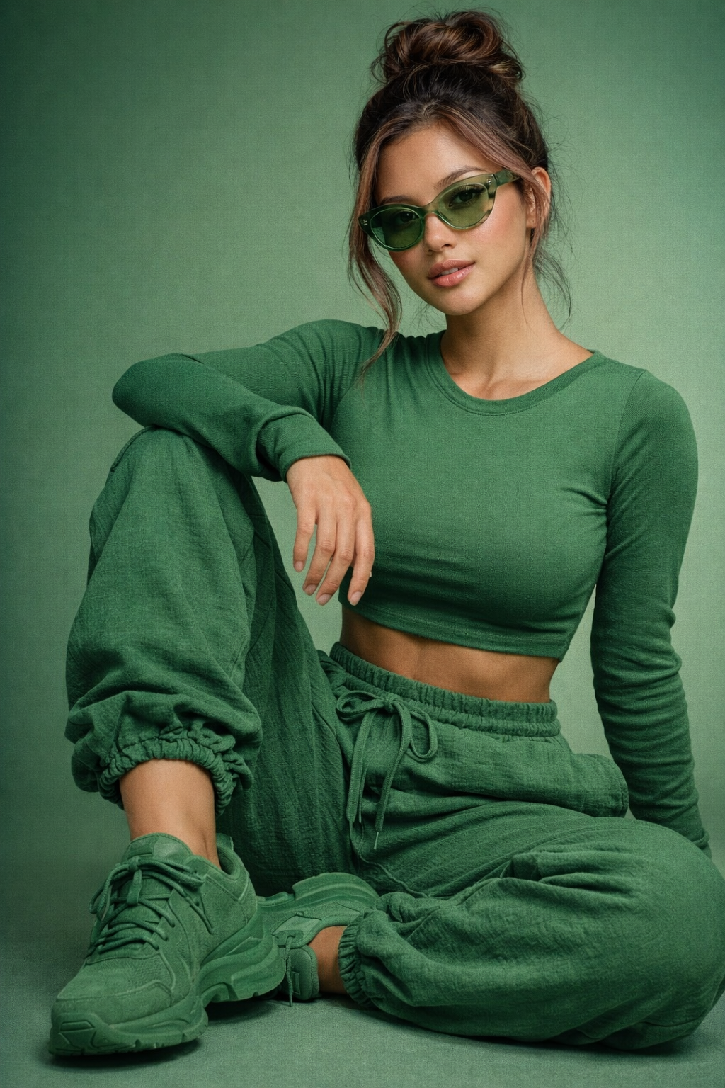 Elena Montenegro in a monochrome green streetwear set with tinted sunglasses