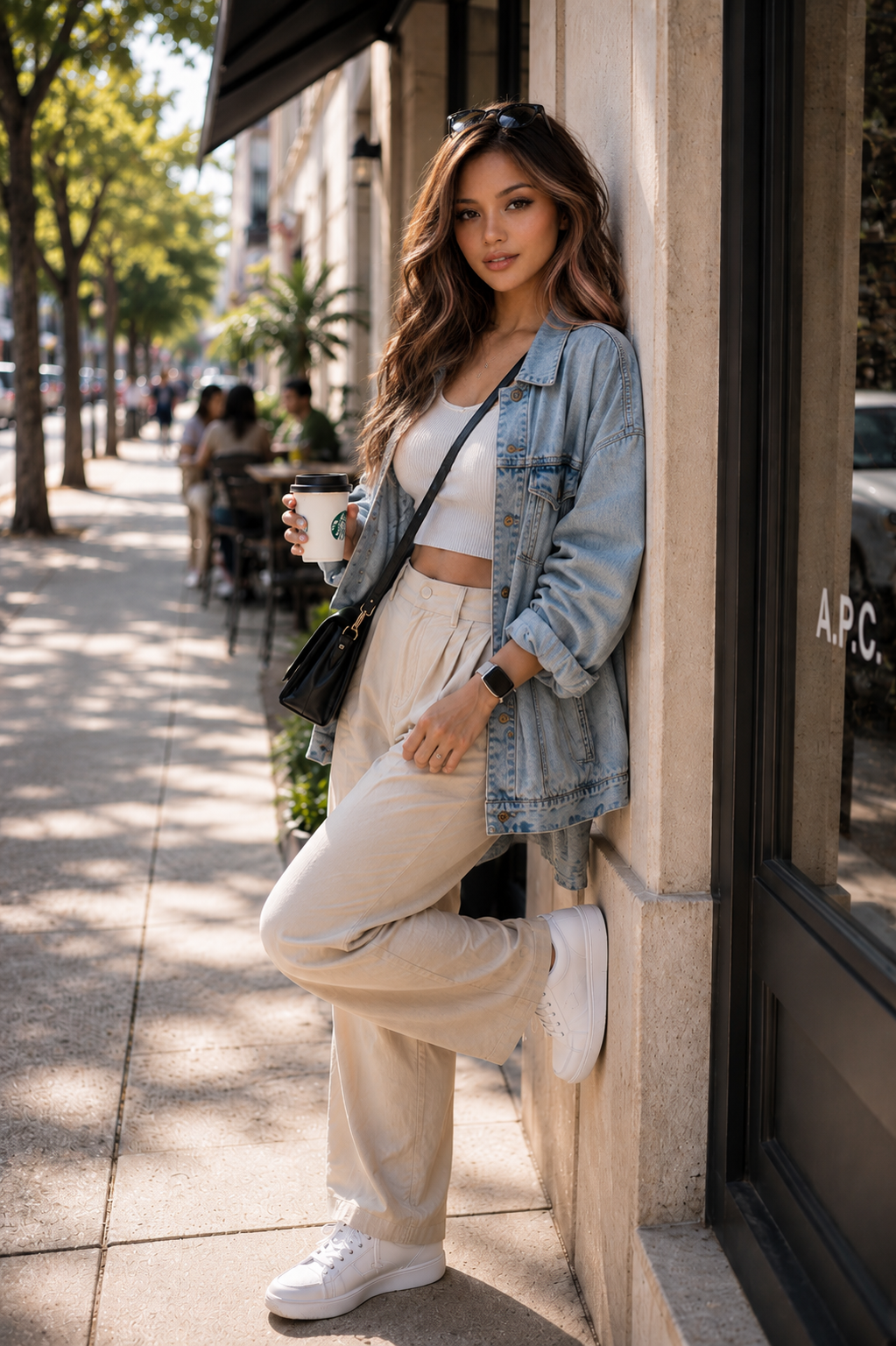 Elena Montenegro in an oversized denim jacket and cream trousers on a sunlit city sidewalk
