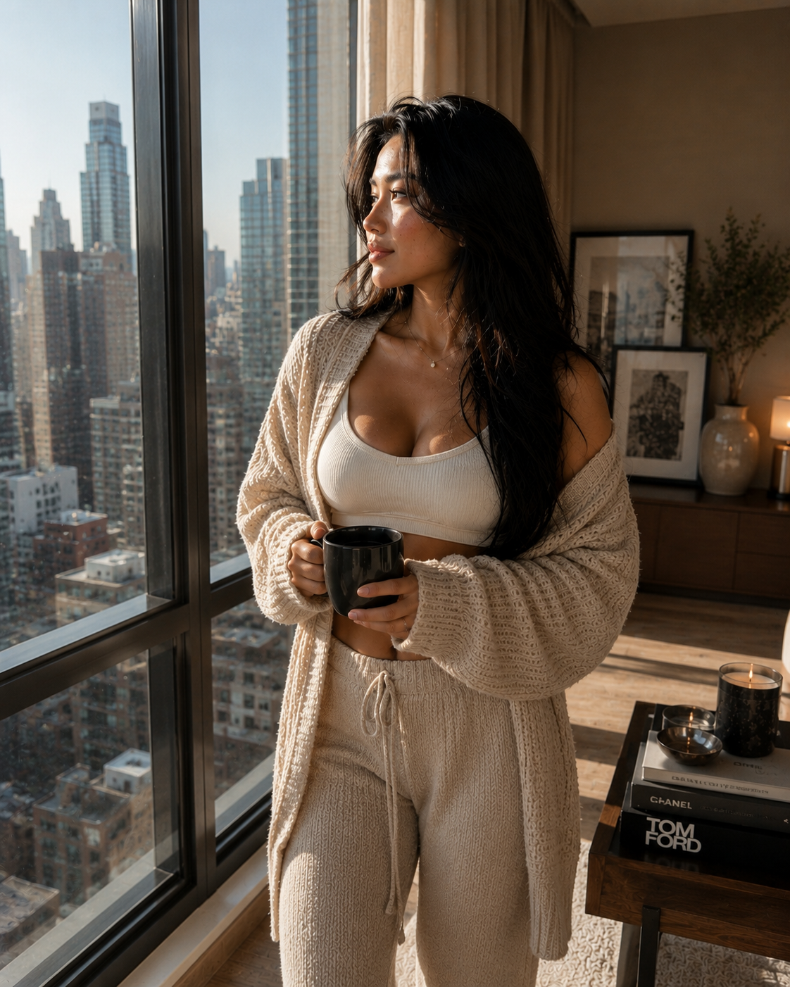 Mila Tan in knitwear with a warm mug in winter light