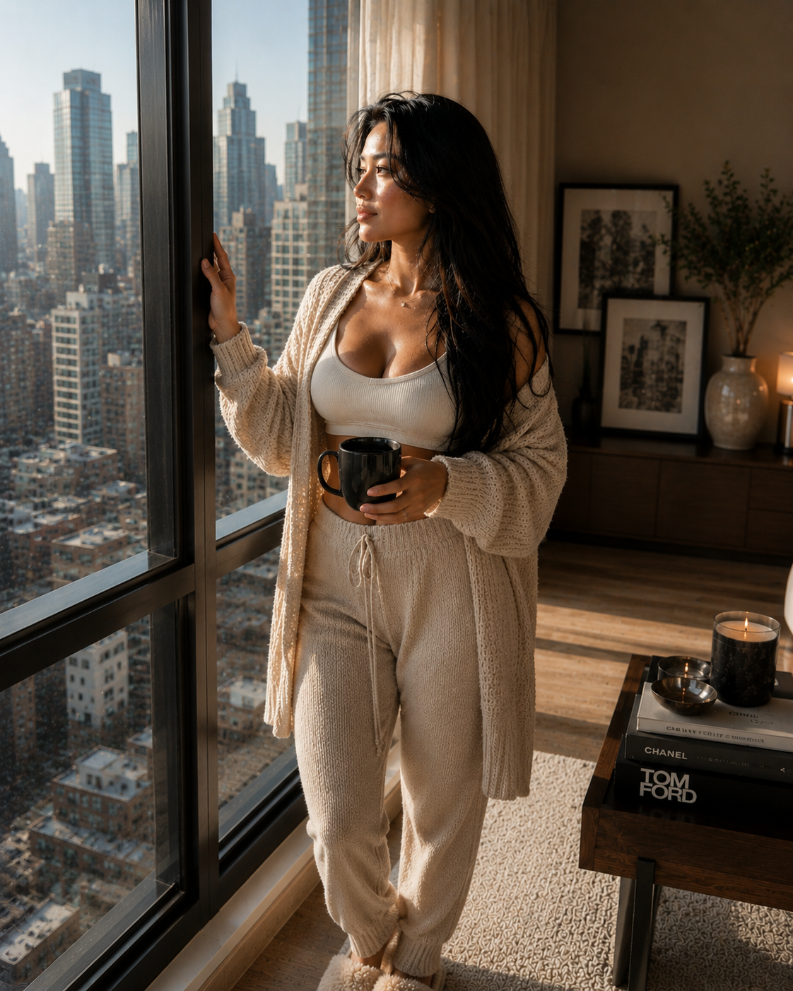 Mila Tan with first coffee at the window as the city wakes