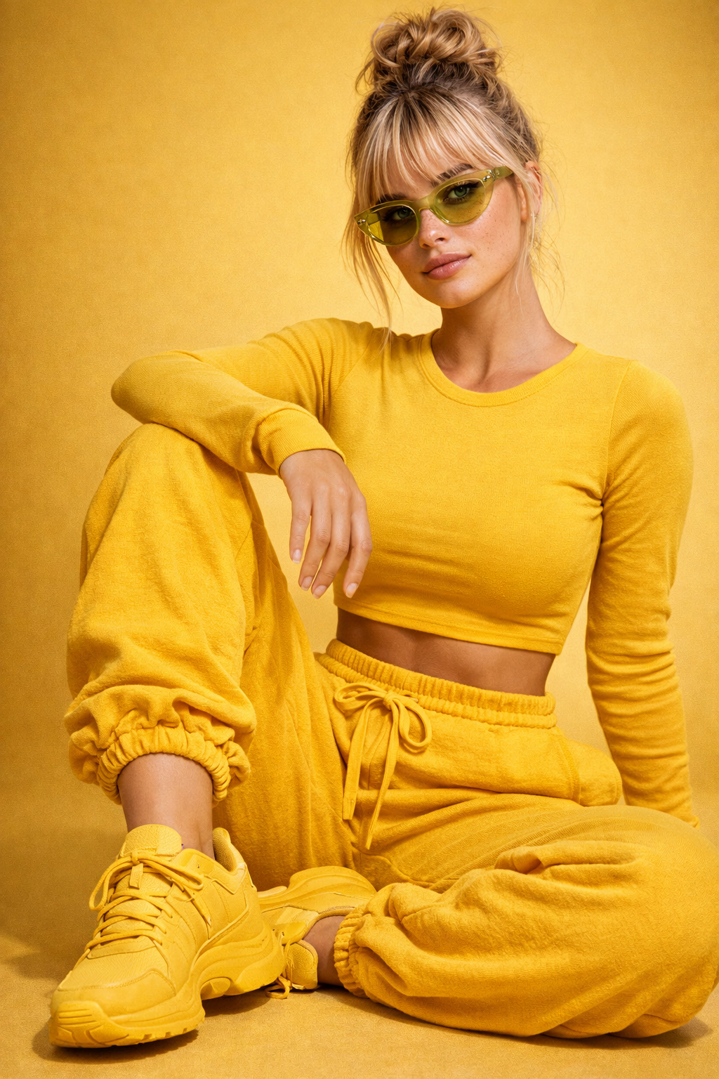 Isla Vaelora in a mustard cropped set with tinted sunglasses